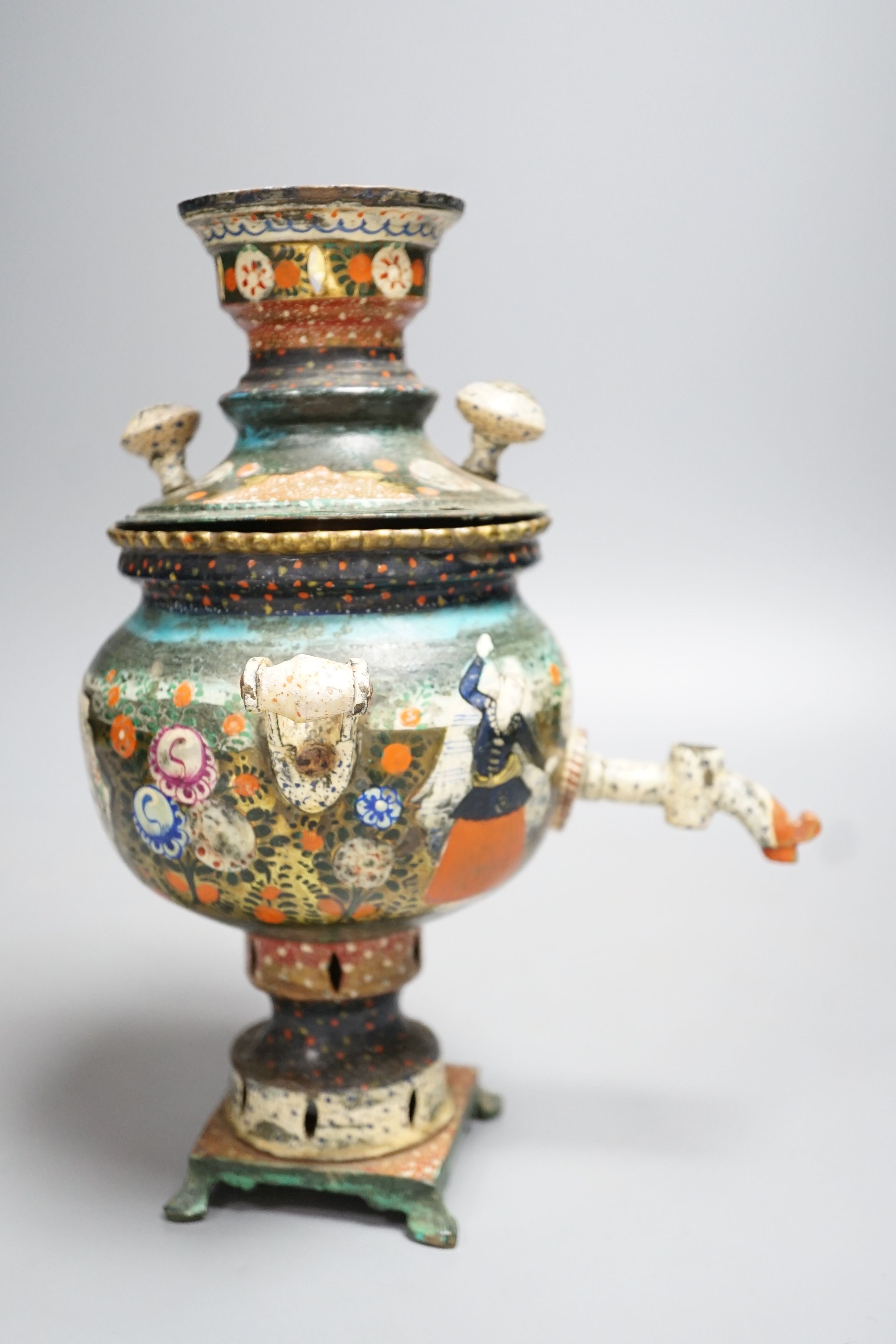 A Persian enamelled brass tea urn 24cm